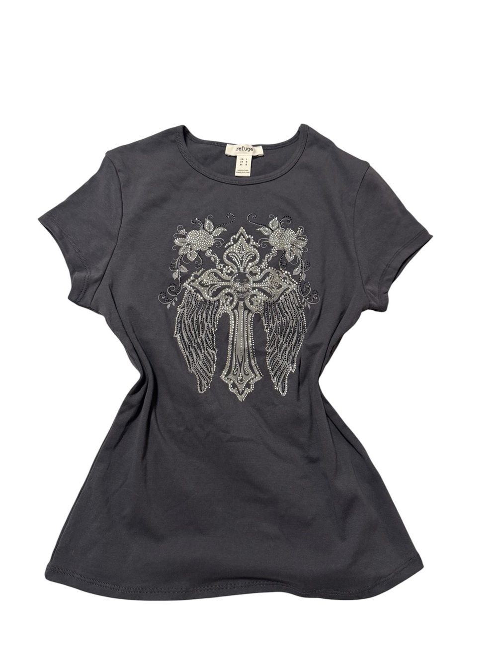 Gray Rhinestone Cross Y2K Fitted Tee Size L